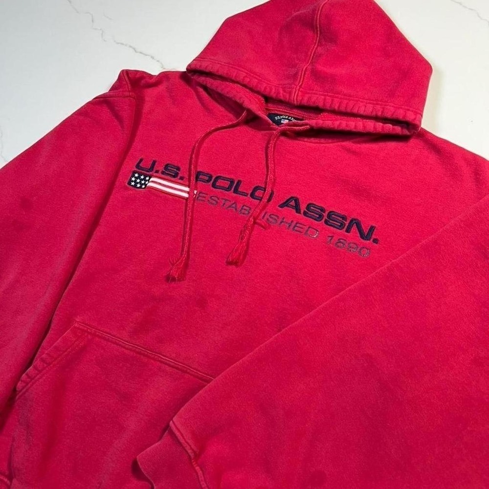 US Polo Assn Hoodie Mens Large Red Pullover Graphic Logo Sweatshirt Americana